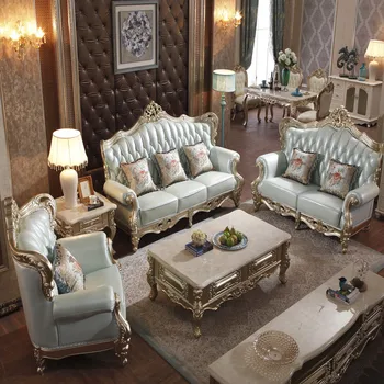 

luxury classic royal gold solid wood genuine leather living room furniture sofa set