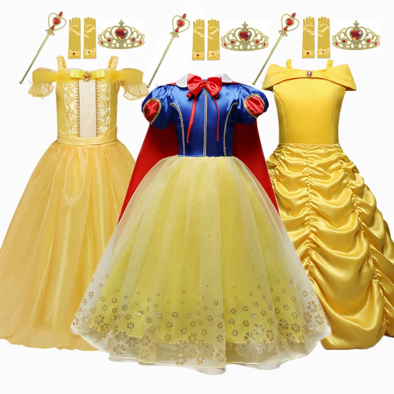 Princess Dress For Girls Cosplay Bell Snow Queen Elsa Costume Halloween Clothes Birthday Party Kids Dresses With Crown Set