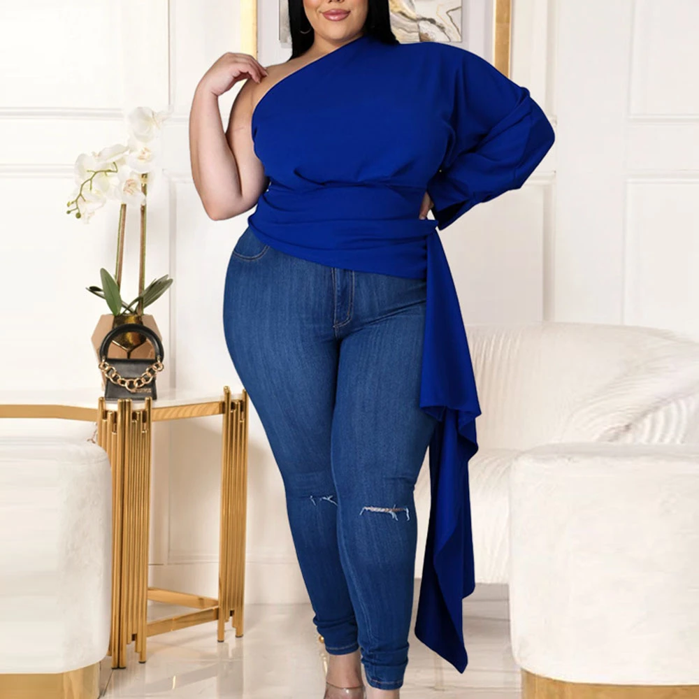 Tops asimétricos de un hombro para mujer, Túnica de talla grande, ropa de calle de cintura alta para fiesta, azul, rojo, talla grande blusa femenina|Blusas y -