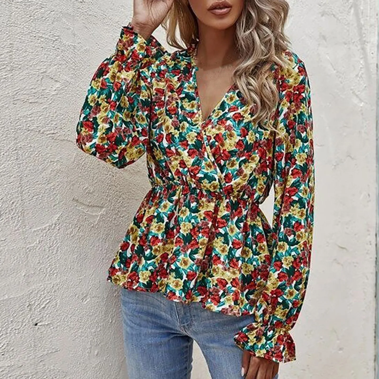 Women Vintage Flower Print Blouse Women Cross V-neck Long Sleeve Small Floral Print Blouse Casual All-match Shirt#g30 1