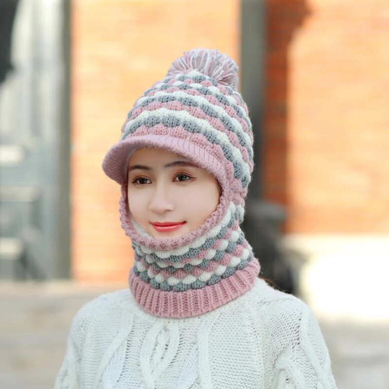 Зимняя женская вязаная шапка женский зимний шарф шапка модная зимняя женская шапка Балаклава шляпа - Цвет: dark pink