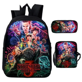 

Set of 3 stranger things Backpack students Mochila Shoulder bag pencil case sling bag School Bag Casual Laptop bagpack