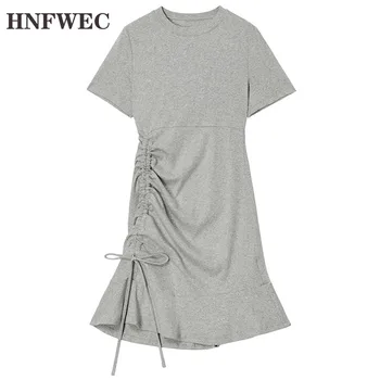 

Women Gray Asymmetrical Drawstring Midi Dress New Round Neck Short Sleeve Loose Fit Fashion Tide Spring Summer 2020 T272