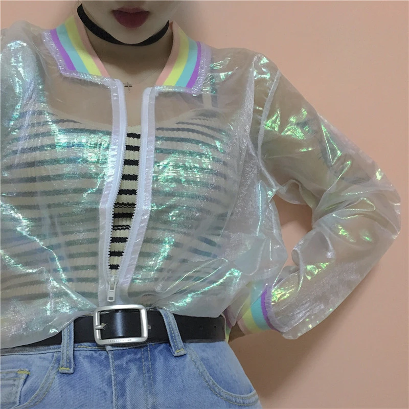 

Harajuku Summer Woman Jackets Coat Rainbow Symphony Women Basic Coats Iridescent Transparent Bomber Jacket Sunproof coat QT34