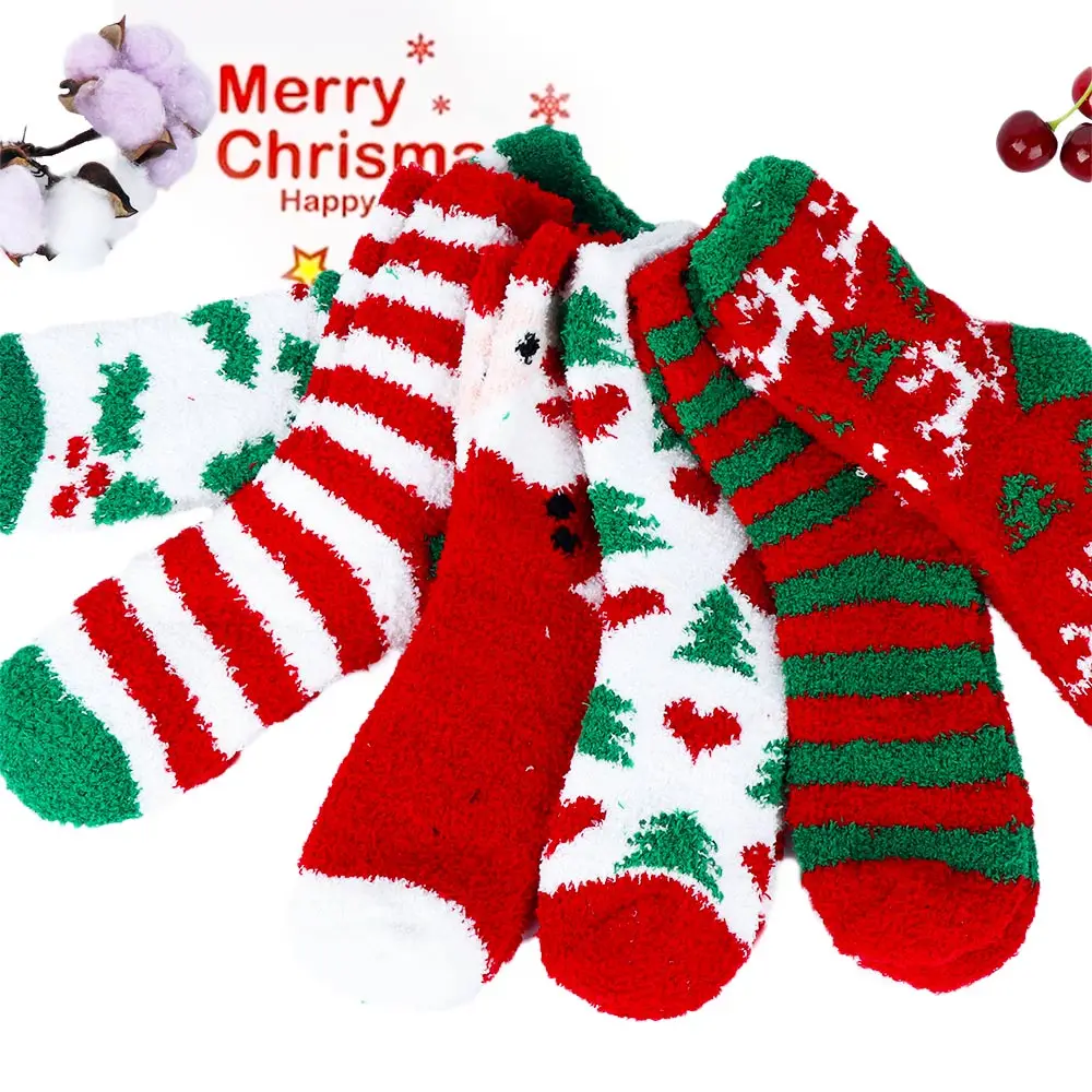 Милые рождественские толстые носки Санта Клаус полосатый Коралловый Флис женские теплые пушистые зимние носки-Тапочки