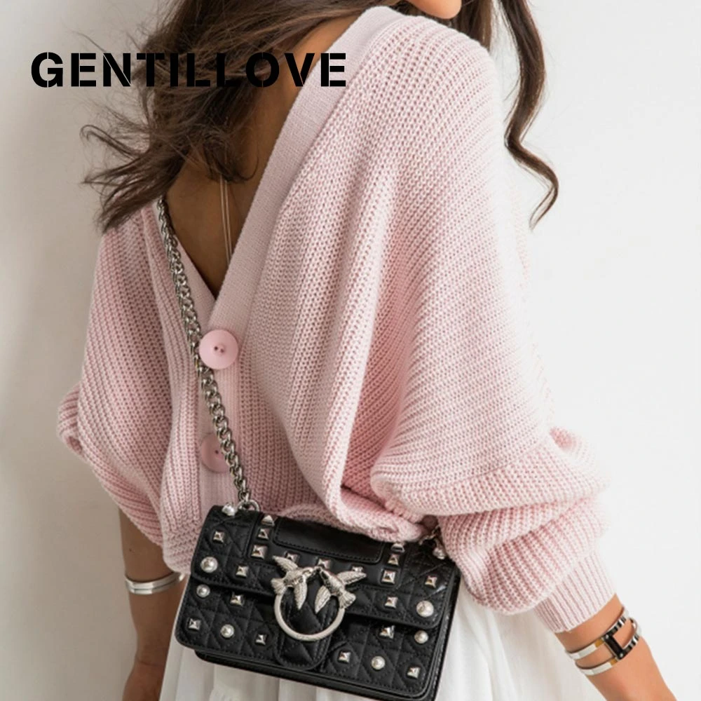 

Gentillove Women Autumn Solid Knitted Sweater Jumper Long Sleeve V Neck Knitting Tops Open Back Button Sexy Fashion Sweaters