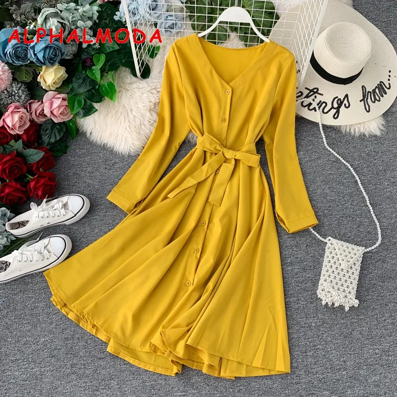 

ALPHALMODA Autumn New Long-sleeved Shirt Dress Super-fairy Big Pendulum Outfit Casual Sashes Waist Women Solid Chiffon Dress