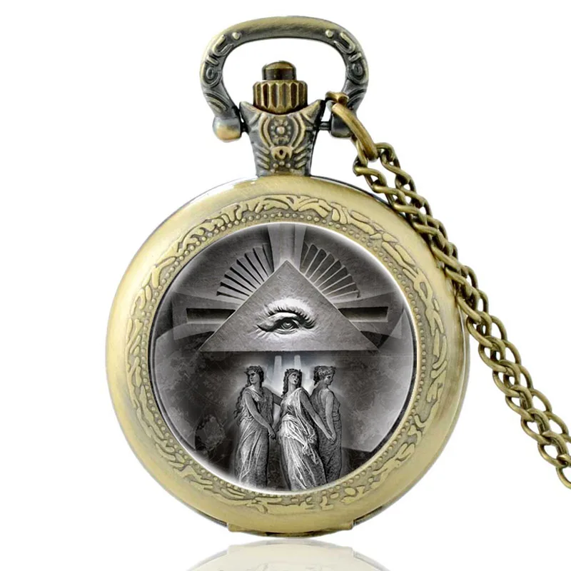 Vintage  Eye of Providence Design Glass Cabochon Quartz Pocket Watch Vintage Men Women Pendant Necklace Chain Clock бижутерия