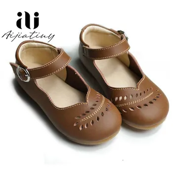 

New Spring children Casual shoes kids Girls Genuine leather Shoes little girl fashion shoes Hollow leaves Design brown color