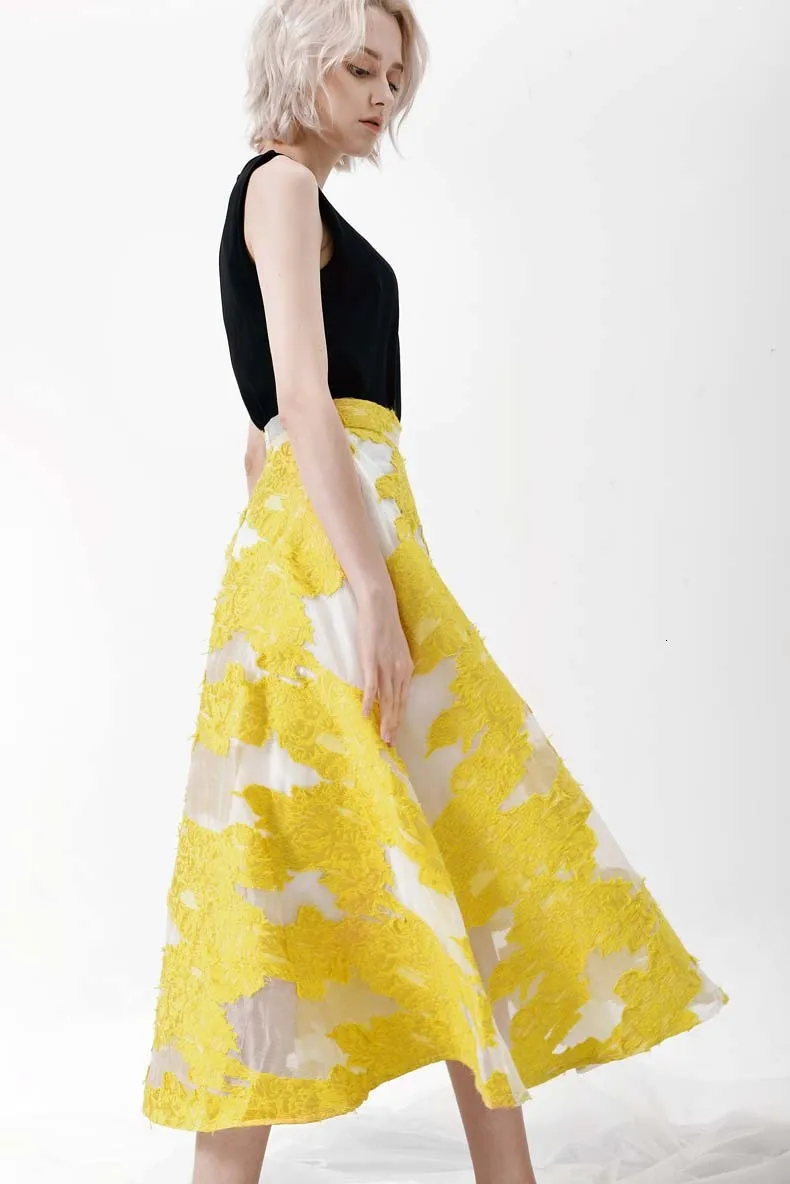 [EAM] новая весенне-летняя модная желтая Лоскутная Цветочная вышивка на молнии простая универсальная тонкая женская юбка S618