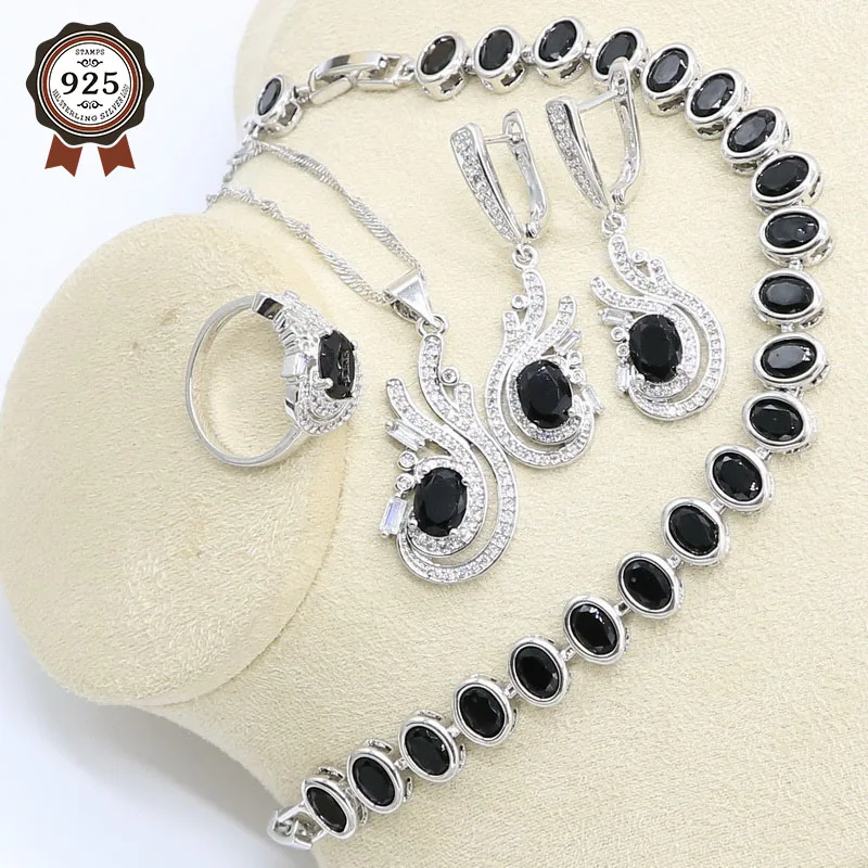 Свадебный набор украшений для женщин 925 серебряный черный циркон браслет серьги ожерелье кулон кольцо подарок на день рождения