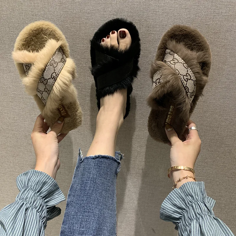 2020 New autumn Indoor Home Furry Slippers Warm Casual Flat With Slippers Outdoor Non slip Slippers Luxury brand shoes|Slippers| - AliExpress