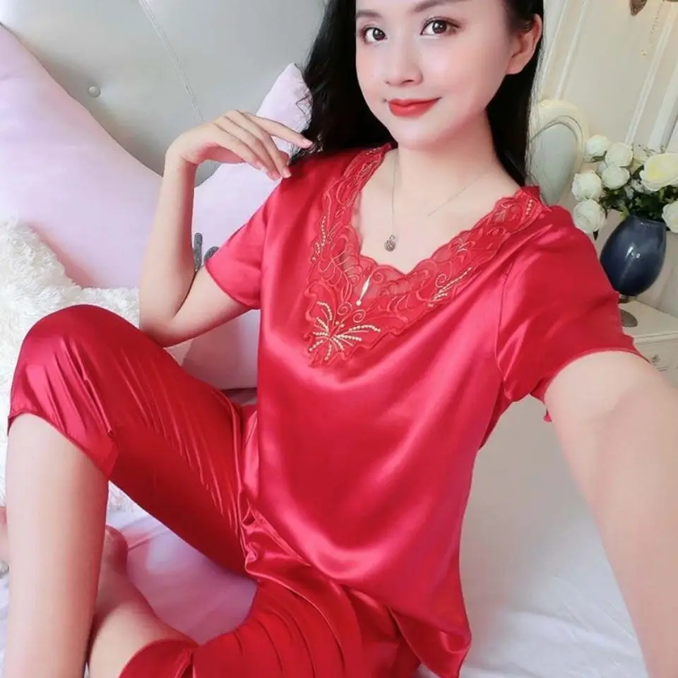 2021 new ladies suit pajamas summer ice silk short sleeve pants noble temperament two-piece home wear elegant casual womens dresses embroidery vintage summer dress home comfortable white ladies clothes designer chiffon