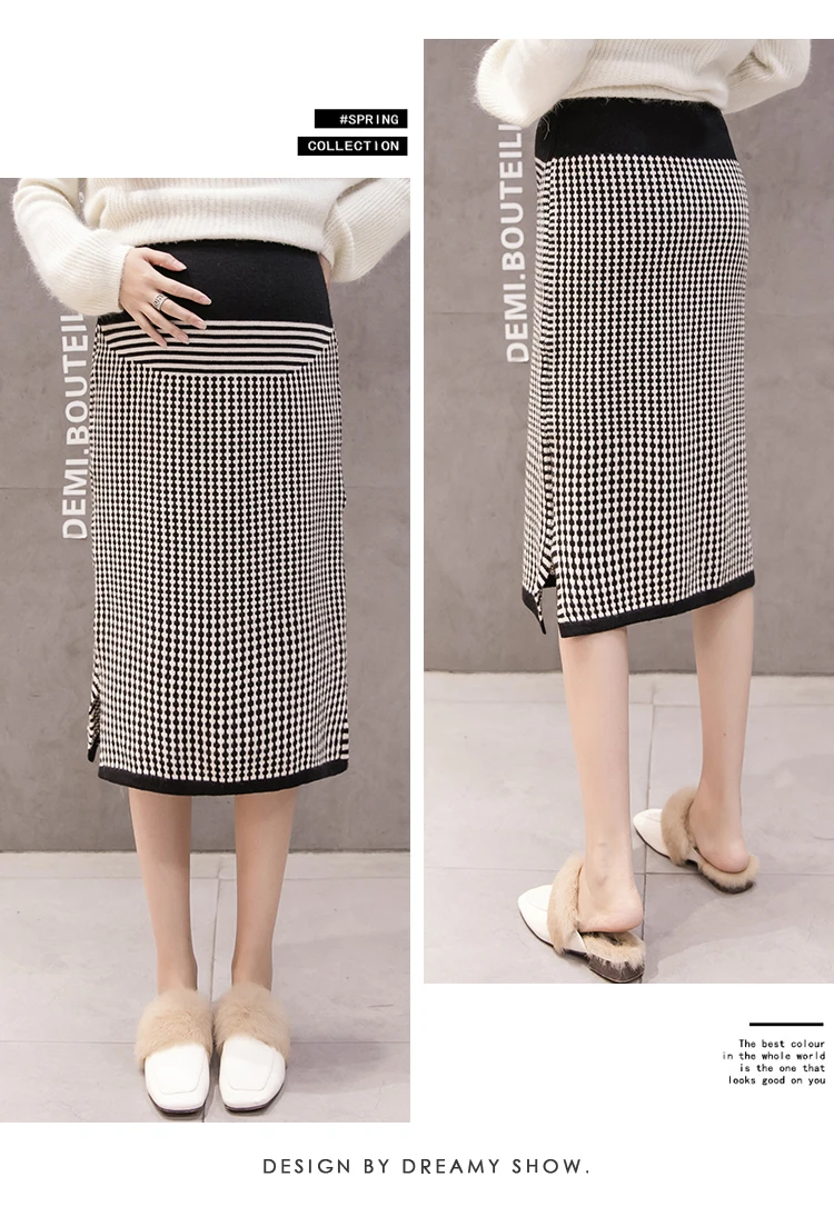 Pregnant Women Knitted Skirts Side Split Mid-Calf Maternity Plaid Belly Skirts Fashion Printing Pregnancy Empire Pencil Skirts