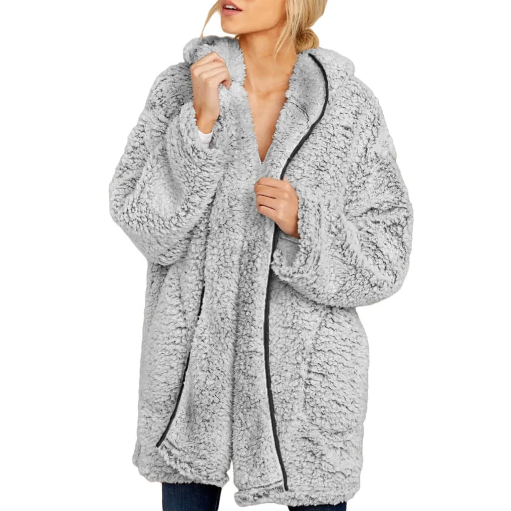Женский нечеткий открытый передний с капюшоном монотонный Кардиган Куртка Пальто Верхняя одежда с куртки с карманами зимнее пальто для женщин casaco feminino