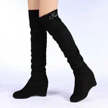 

Women Rhinestones Suede Over Knee High 4.5cm Wedge Heel Stretch Thigh Chic Boots