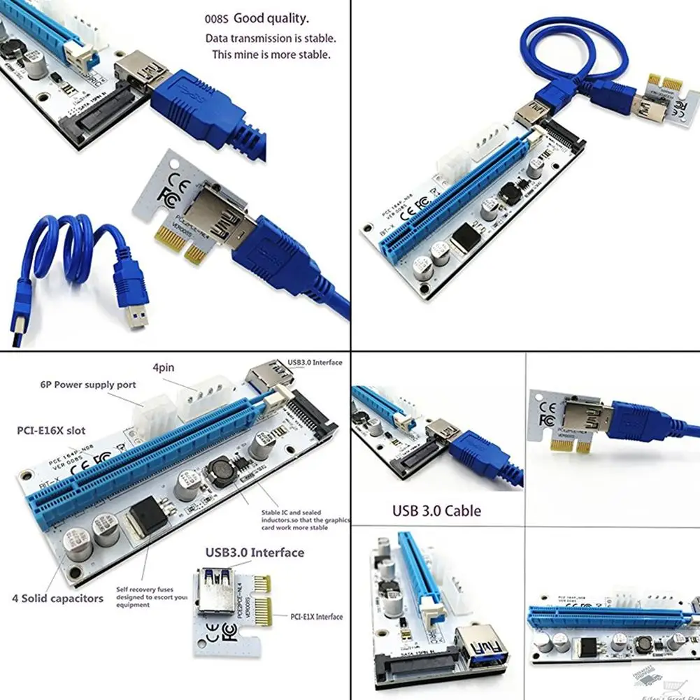 New White PCI-E Riser 008 Express 1X 4x 8x 16x Extender PCI E USB Riser 008S Adapter Card SATA 15pin for BTC Mining Miner
