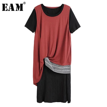 

[EAM] Women Asymmetrical Split Two Piece Dress New Round Neck Short Sleeve Loose Fit Fashion Tide Spring Summer 2020 1S595