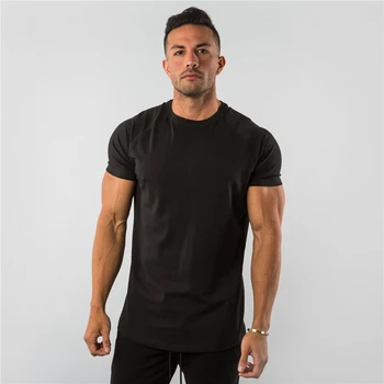 Summer Solid Cotton Short Sleeve T-Shirt Men Gym Clothing Fashion Plain Tight Tops Tees Sports Bodybuilding Fitness T shirt Men