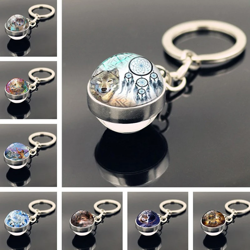 1PCS Animal Keychain Wolf Double Side Glass Ball Key Chain Wolf Key Ring Pendant Keyring