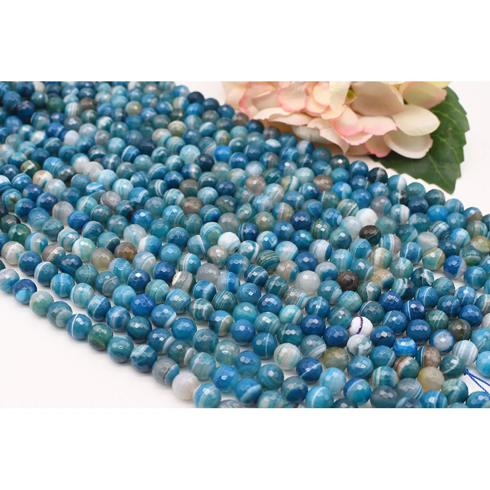 

6-12mm Natural Faceted Blue Banded Agate Round stone beads For DIY Bracelet Necklace Jewelry Making Strand 15"