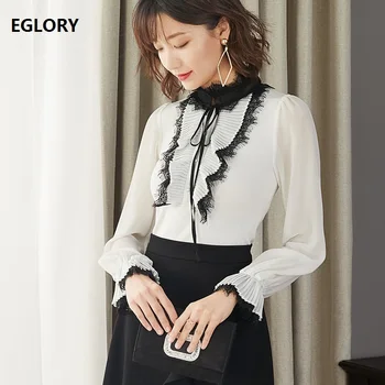 

High Quality New 2019 Autumn Winter Sweaters Women Lace Chiffon Patchwork Long Sleeve Black White Knitted Pullovers Ladies Top