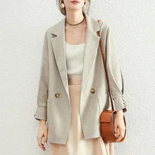 

Women Buttoned Blazer Long Sleeve Solid Loose Autumn Blazer Lapel Collar Defined Shoulders Pockets Vent Simple Button Camel