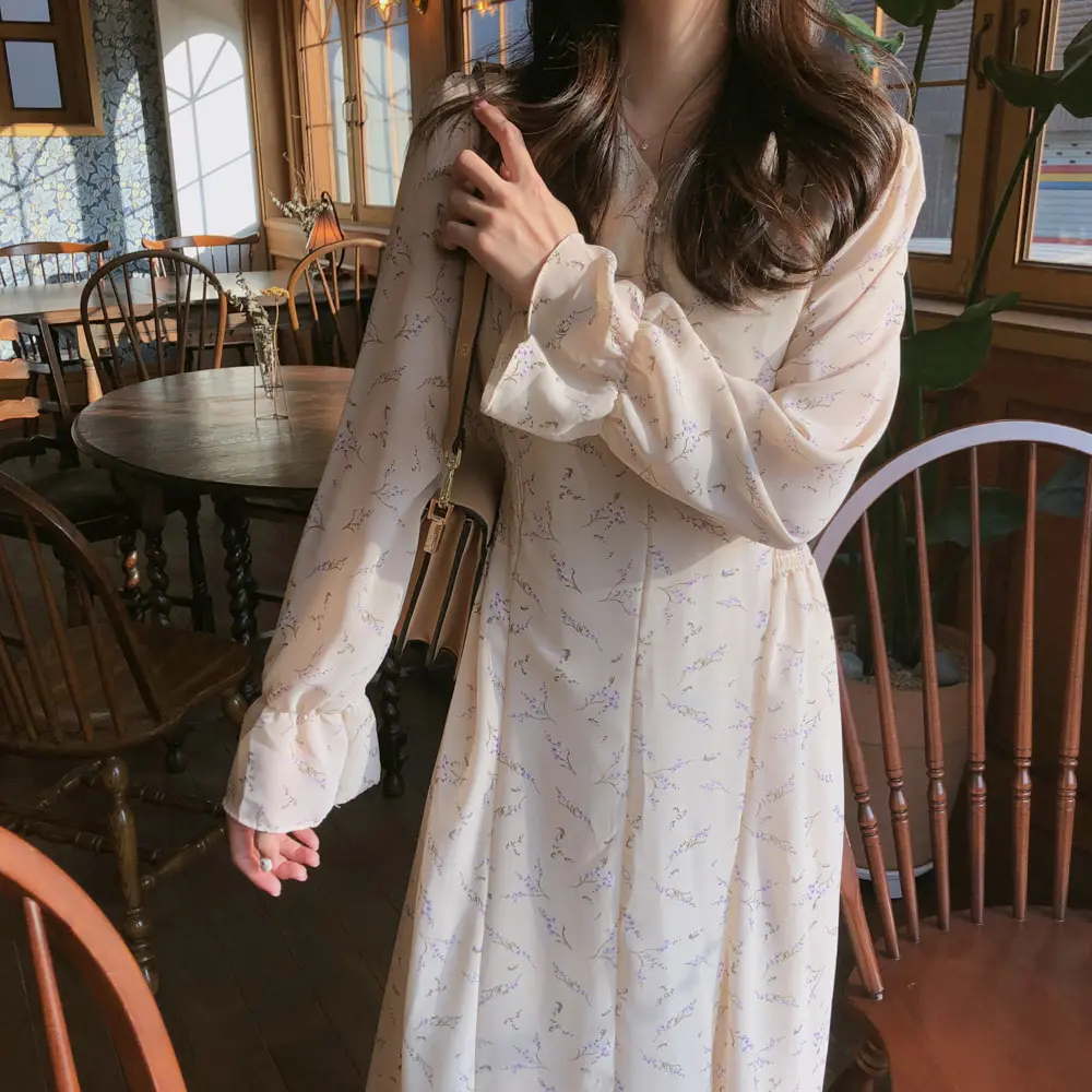 Новое осеннее платье для девочек, женское винтажное повседневное шифоновое платье с длинным рукавом, женское белое платье с v-образным вырезом, Boho Robe Femme Vestido
