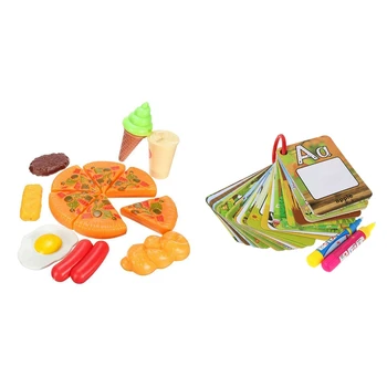 

13Pcs Kids Plastic Pizza Cola Food Toy & 1 Set Water Drawing Card 26 Alphabet Coloring Book with ic Pen
