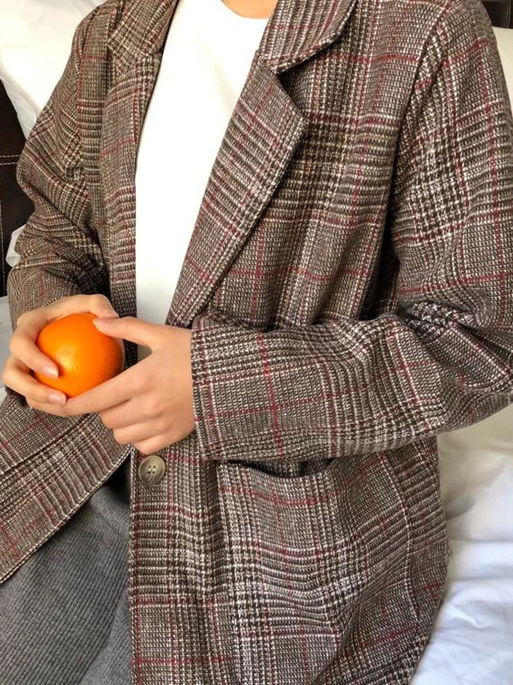 

2019 Spring Clothing CHIC Korean-style WOMEN'S Wear Students Retro Plaid Turn-down Collar Coat Loose-Fit Slimming Long-sleeved U