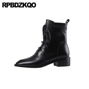 

front lace up casual ankle boots autumn genuine leather 2019 women black thick square toe high quality chunky fall winter shoes