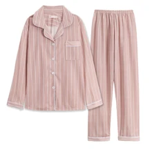 Women Nightshirt Sets Women Cotton Pajama Set Solid Color Stripes Pyjama Set Long Sleeve Sleepwear Women Top Long Pant
