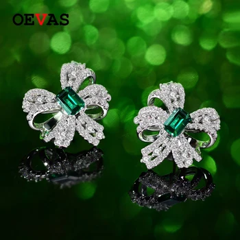 

OEVAS New Vintage Wedding Engagement Emerald Created Moissanite Stud Earrings Solid 925 Sterling Silver Fine Jewelry Earings