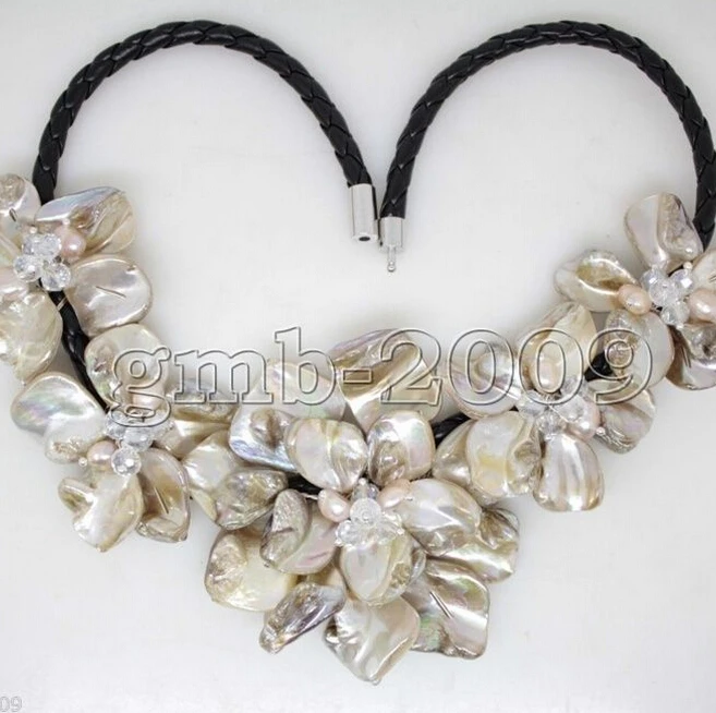 915+8 colorsHand Woven Yellow Shell 5 Flowers Pearl Crystal Black Leather Bib Necklace 18"