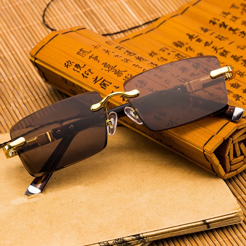 

Rimless Polarized Sunglasses Men Women Natural Crystal Stone Lens Sun Glasses Vintage Retro Brown Sunglass Clear Eyewear UV400
