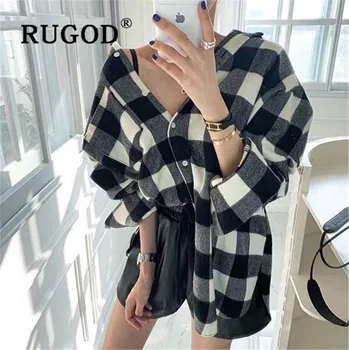 

RUGOD Vintage Plaid Shirt Women Autumn Spring Thick Long Sleeve Monochrome Long Blouse Casual Streetwear Oversize Blusa Femme