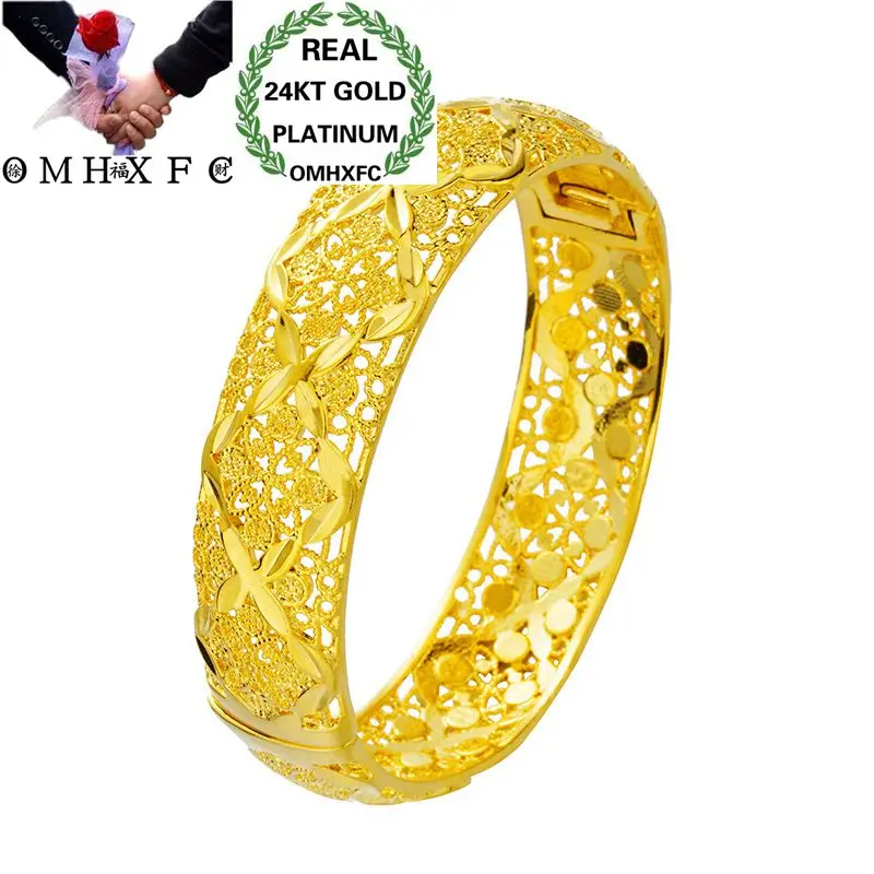 

OMHXFC Wholesale European Fashion Woman Girl Party Wedding Gift Bohemia Hollow Flower 24KT Gold Open Bangles Bracelets BE120