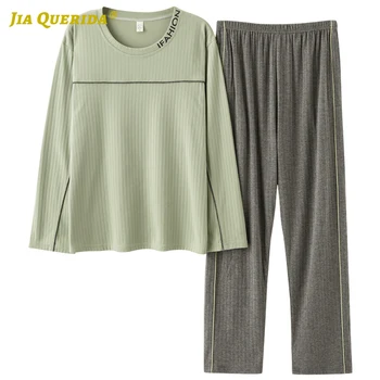 

New Green Top Spring Autumn Man Clothes Pajamas Man Fashion Style Crew Neck Solid Long Sleeve Long Pants Pyjamas Man Pj Set