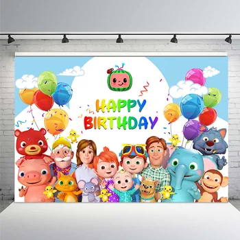 

Cocomelon Family Theme Photo Backdrops Children Birthday Party Photography Background for Photo Studio Banner Kids Balloons