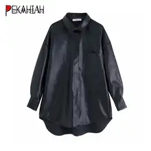 Winter black faux leather Blouse women full tops Streetwear long sleeve loose long Shirt Punk office ladies PU blouse