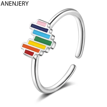

ANENJERY Fashion Lovely Rainbow Heart Open Rings 925 Sterling Silver Open Size Finger Ring For Girls Gifts Wholesale S-R575