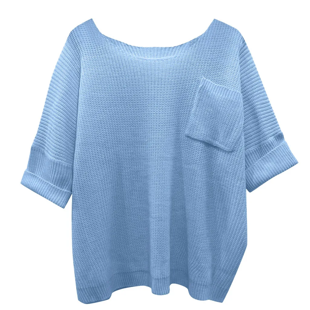 Модный зимний женский Повседневный однотонный свободный свитер с рукавом три четверти и v-образным вырезом - Цвет: Blue