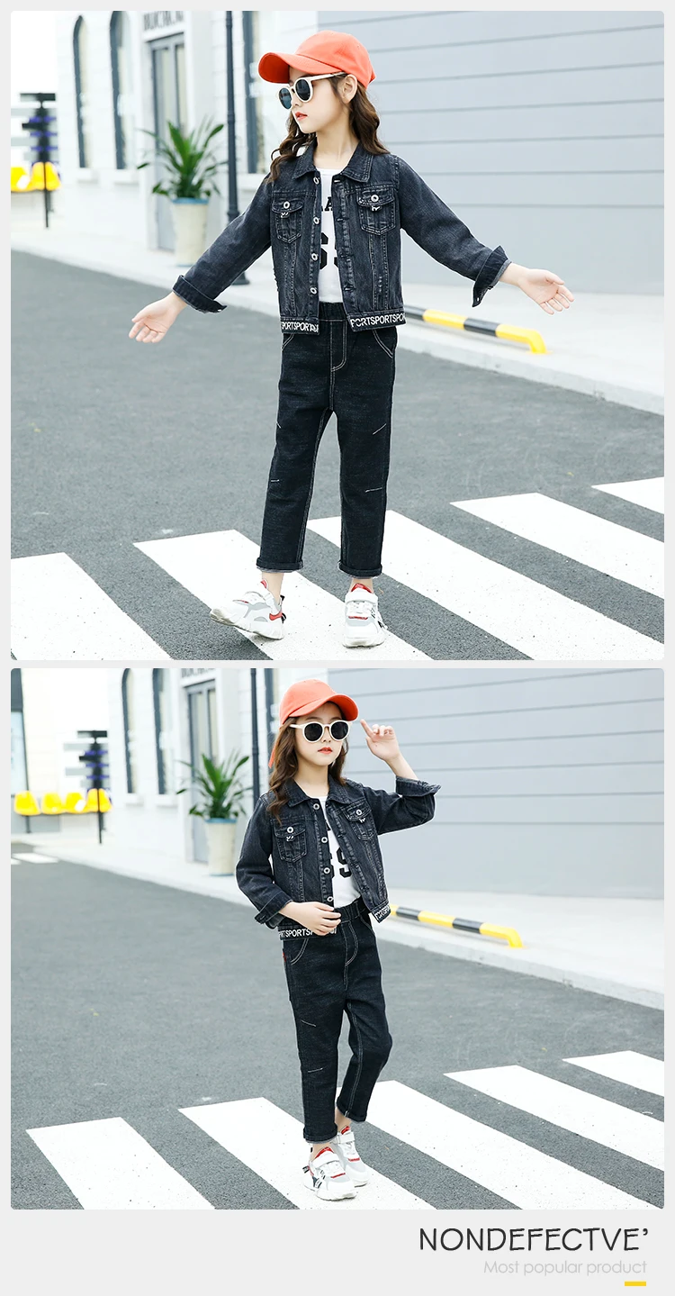 Letter Design Children Kids Girls Designer Clothes 2 Piece Set Black Denim Clothing Jacket Unisex  Long Jeans Pants Outfit