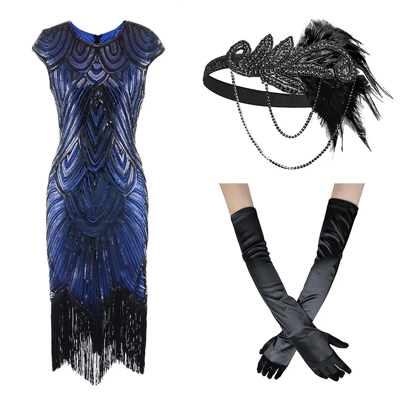 Black Blue Set (B) 1920s Flapper платье Great Gatsby вечерние платья с блестками и бахромой - Цвет: Black Blue Set (B)