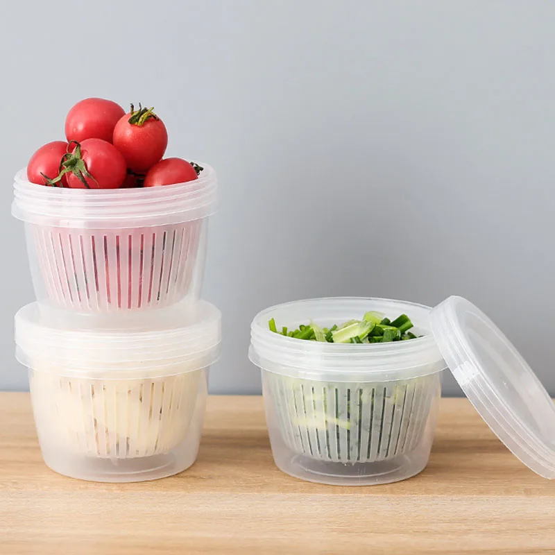 

Thours Fresh Box Refrigerator Sealed Ginger Garlic Onion Storage Household Portable Round Plastic Transparent Drain Fresh Bowl