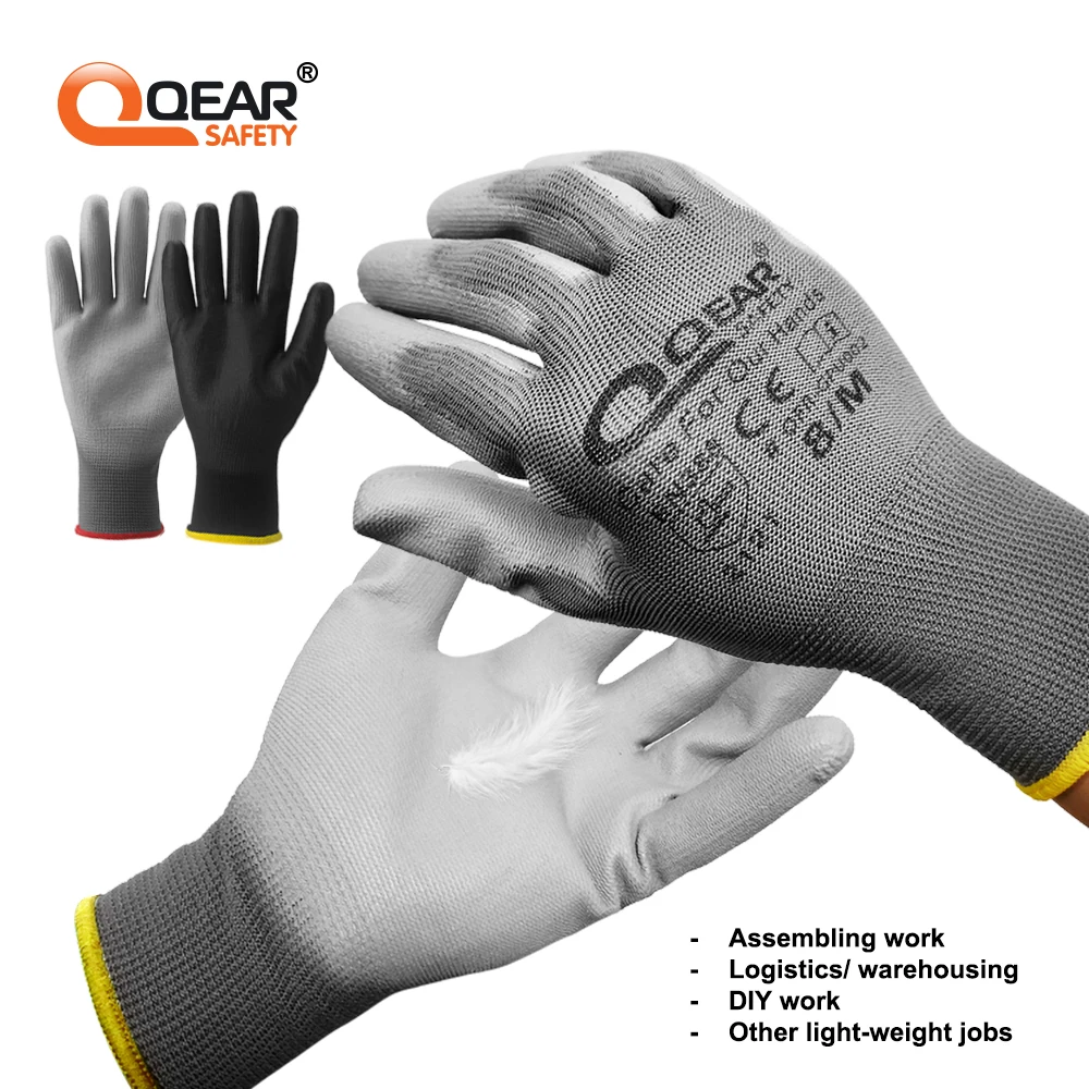 QEARSAFETY PU 얇은 작업 안전 장갑, 다기능, 경량, 미끄럼 방지, 통기성, 손에 딱 맞고 부드러움, 12 쌍