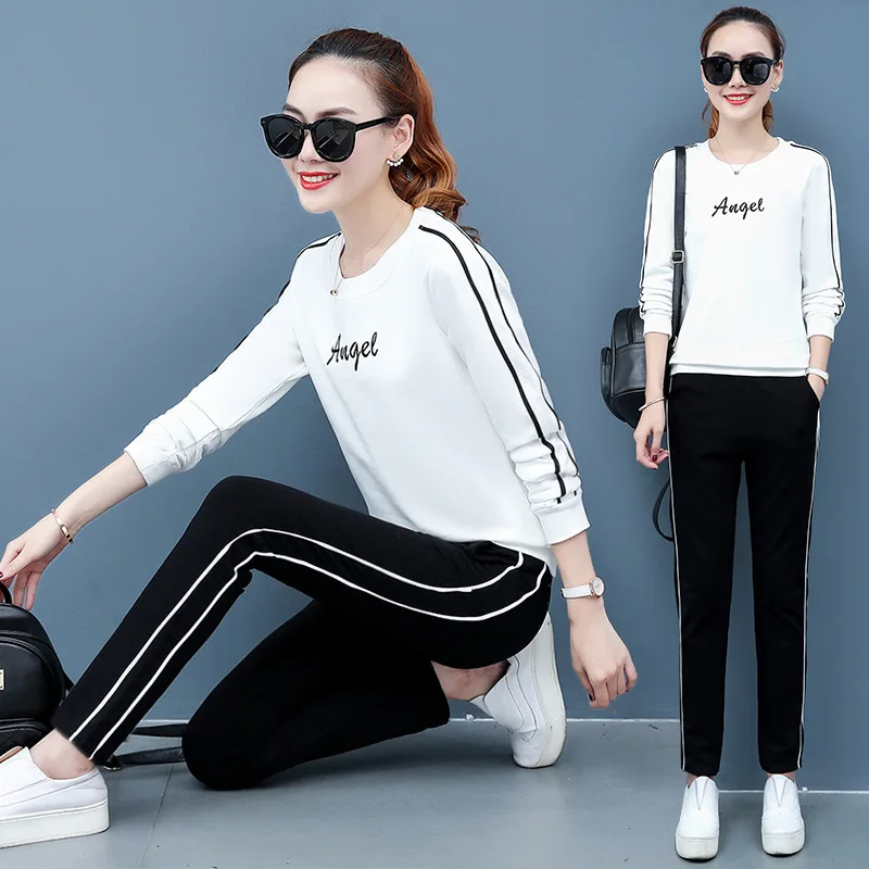 

Autumn Women Sporting Suit Tracksuits Stripe Printed Sweater Sweatshirt+sweatpants Casual Jogger Running Outfits Set Sportswear