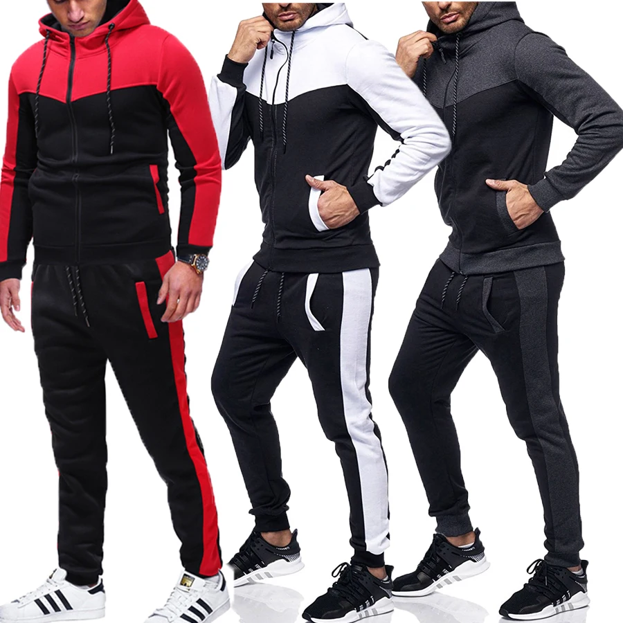 Осенне-зимний модный мужской повседневный спортивный костюм, тренировочный свитер, тренировочные штаны для бега, одноцветные теплые спортивные костюмы в стиле пэчворк