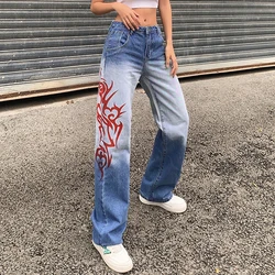 Retro impressão baggy calças de brim das mulheres em linha reta calças de brim cintura alta moda gradiente perna larga padrão chama streetwear casual