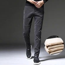 Модные классические зимние мужские джинсы серого, черного, кофейного цвета, повседневные Бархатные вельветовые брюки, мужские корейские облегающие теплые узкие брюки